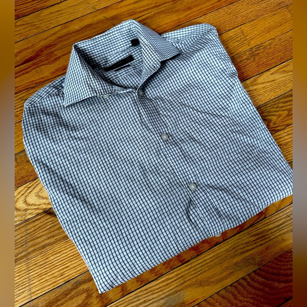 John Varvatos Long Button Down Collard Shirt Cotton Blend Gray White Stripe